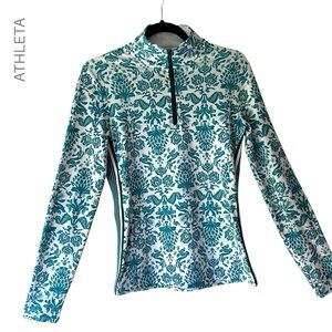 ATHLETA PINEAPPLE PRINT 1/4 ZIP PULLOVER ATHLETIC TOP TEAL GREEN & WHITE | SMALL